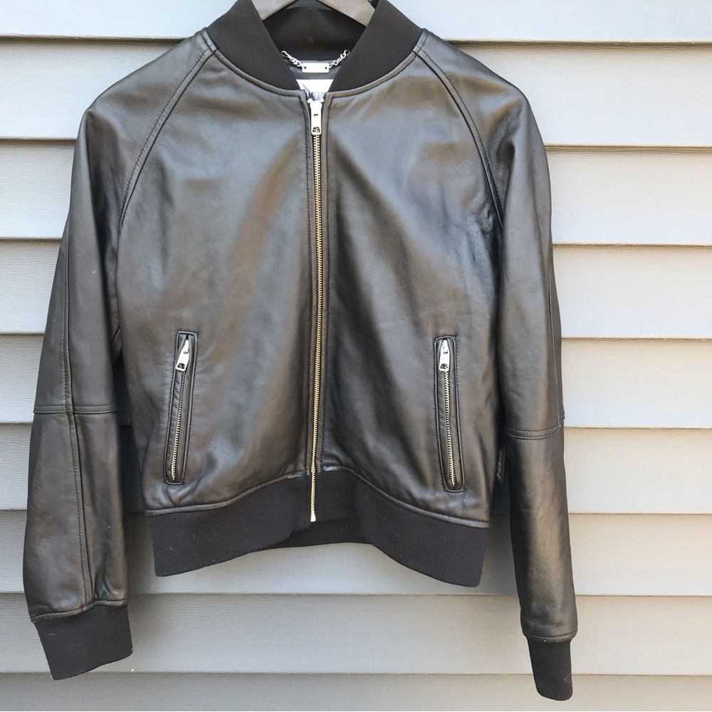William Rast Black Leather Bomber Jacket with Ribbed Accents